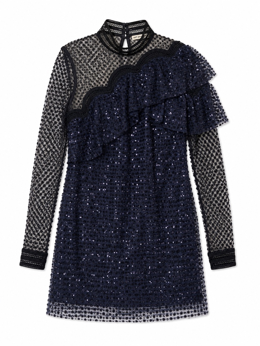 Self-Portrait Navy Sequin Lace Ruffle Mini Dress US 0 UK 4